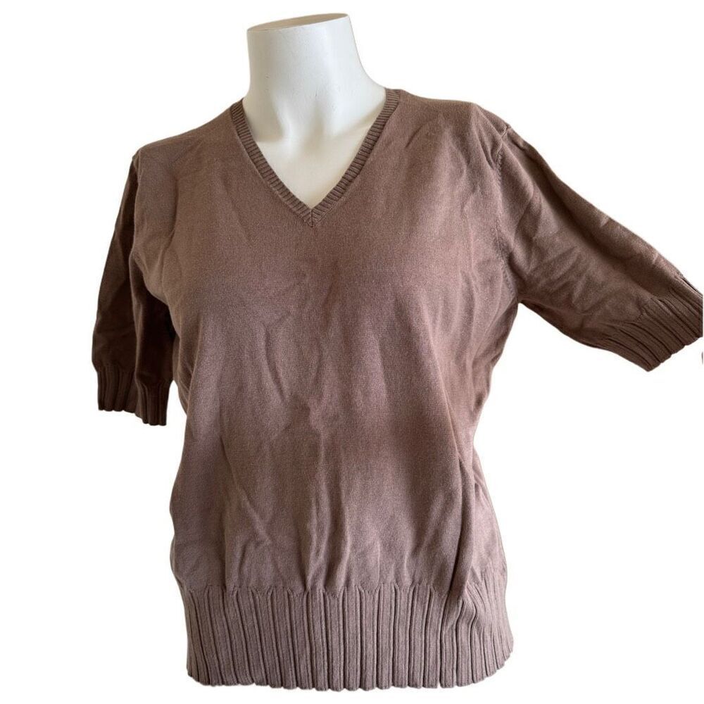 Merona ribbed sleeve V-neck women’s medium blouse coffee brown Y2K